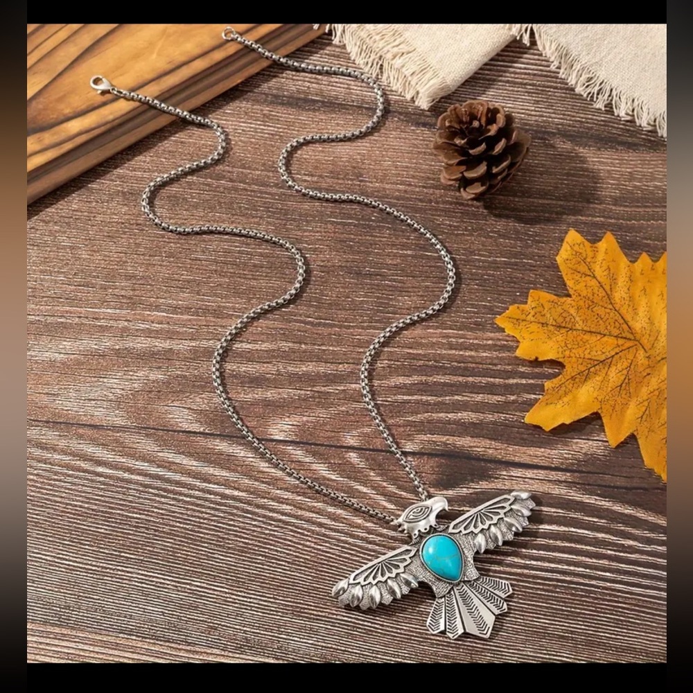 Tribal Eagle Wings Faux Turquoise Pendant Titanium Steel Southwestern Necklace